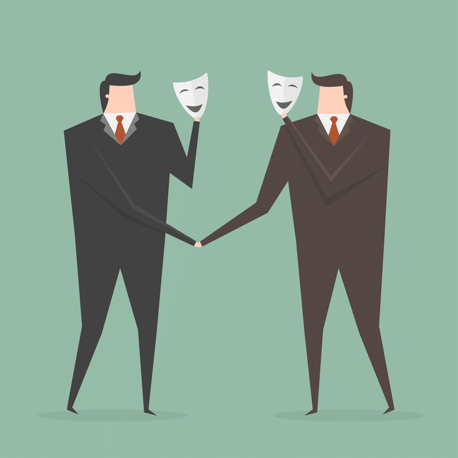 two identical men shake hands while holding drama masks