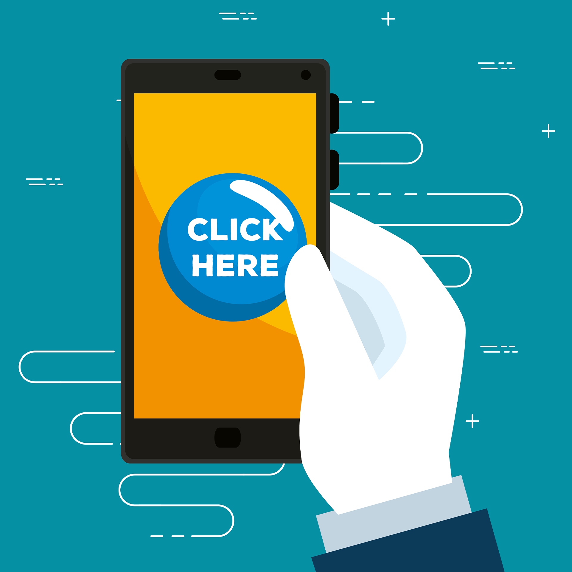 illustration of hand holding smartphone with 'click here' button