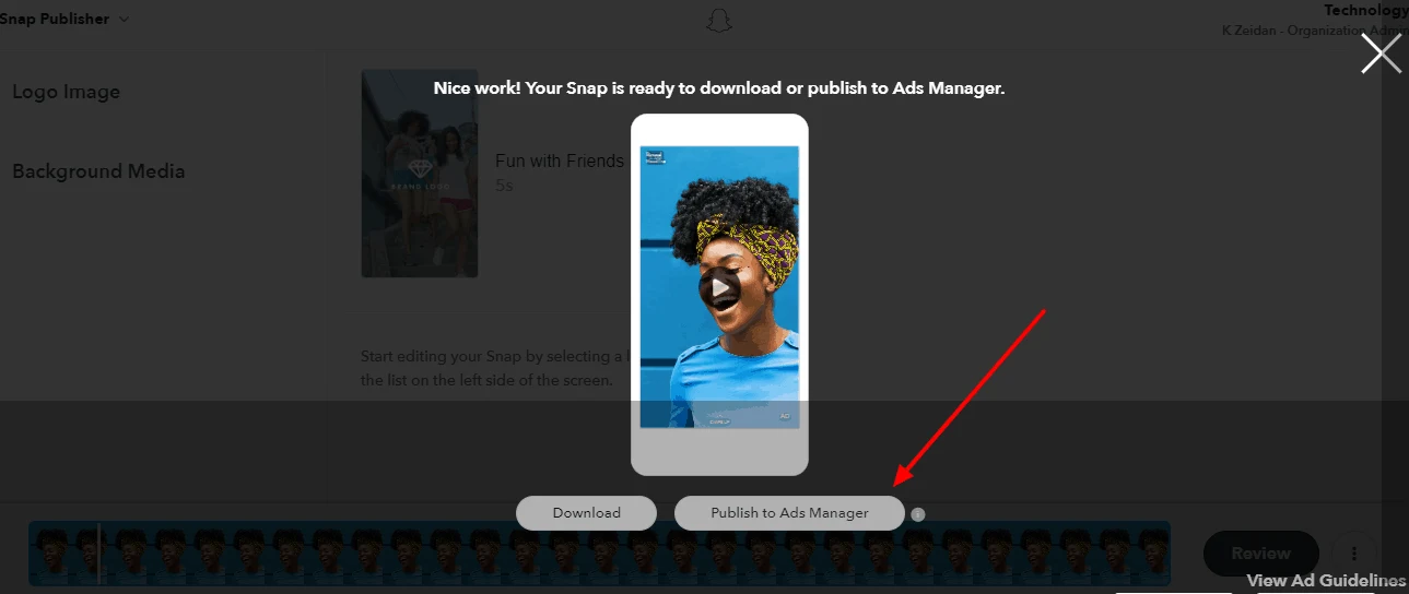 publish snap video to ads manager