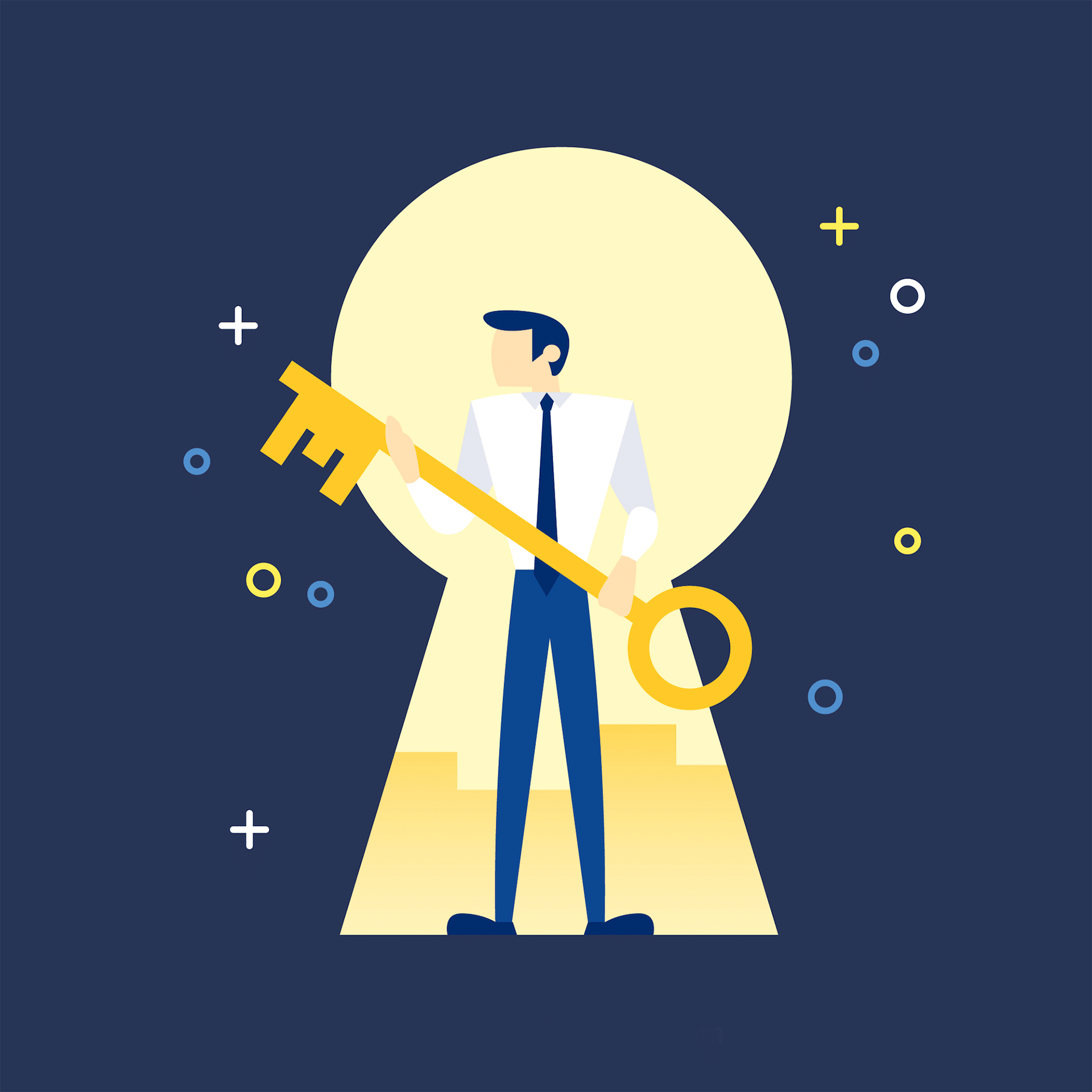 illustration of man in keyhole holding a large key