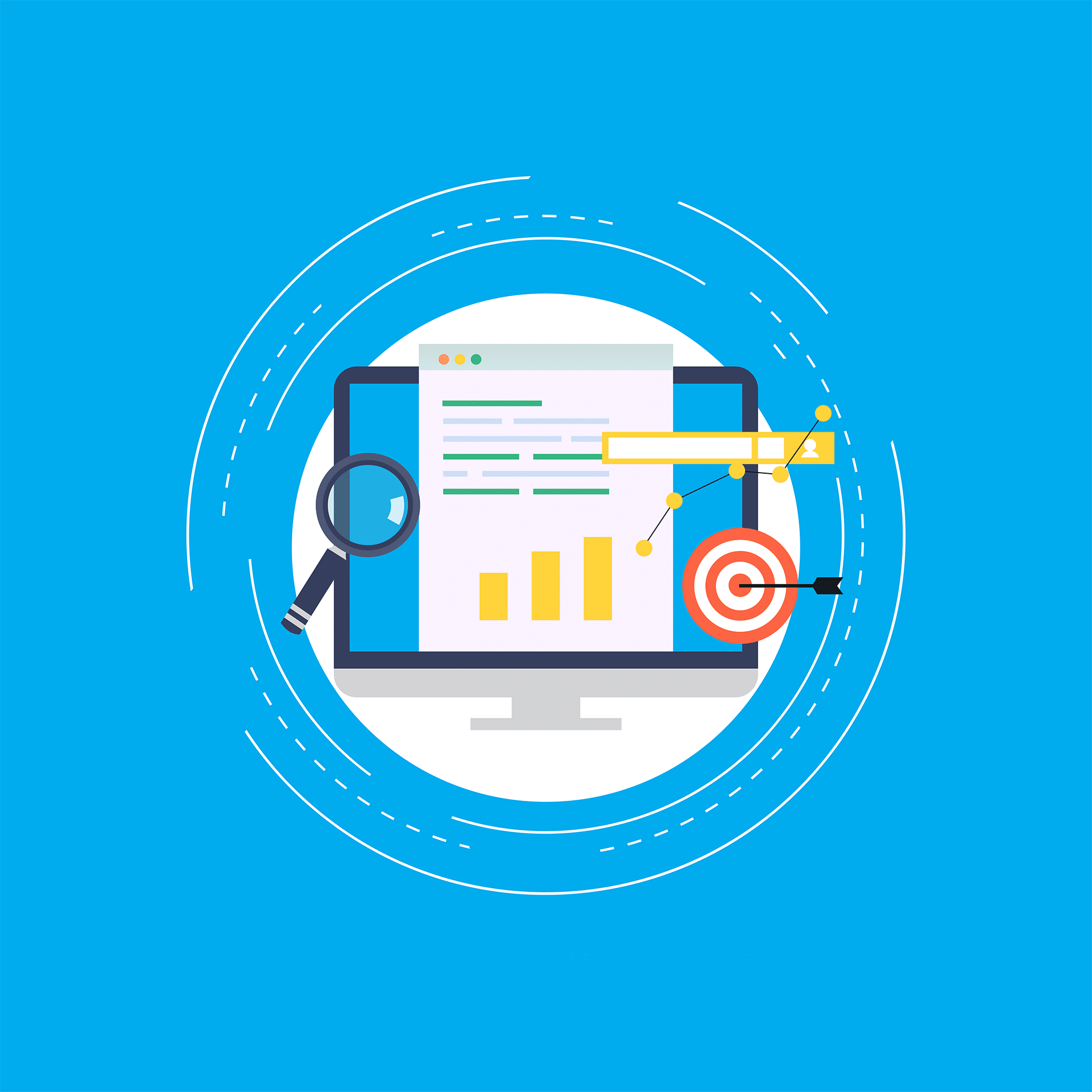 illustration of pc on blue background showing graphs